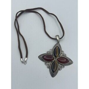 925 GFJ THAI Sterling Silver Tigers Eye & Carnelian Agate Pendant Necklace